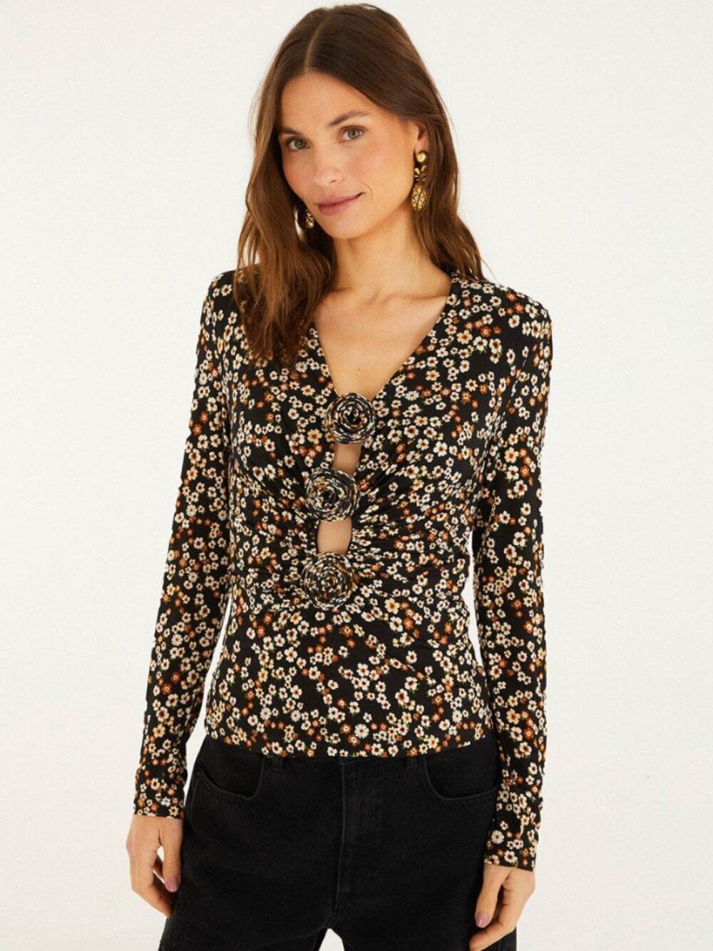 NWT Farm Rio Black Tiny Flowers Jersey Blouse / XS